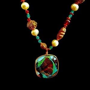 Artisan Dichroic Glass and copper pearl and beaded handmade necklace 12” drop